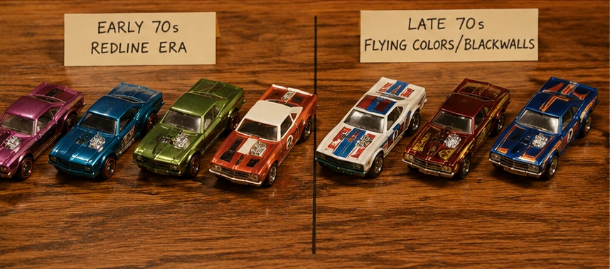 Early metallic Redline-style cars displayed beside later graphic-covered blackwall toy cars