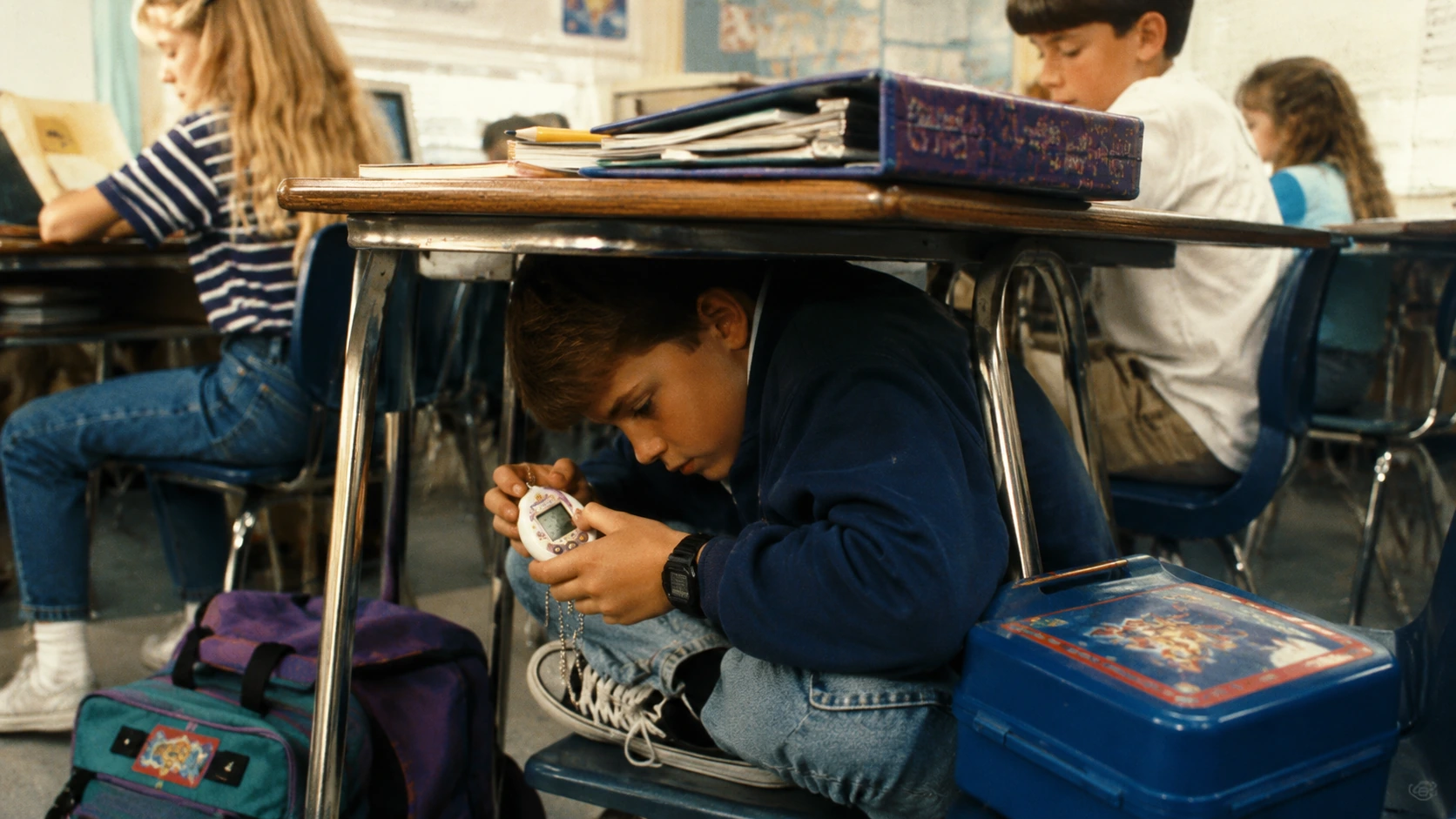 Student hiding under a classroom desk while checking a digital pet during class