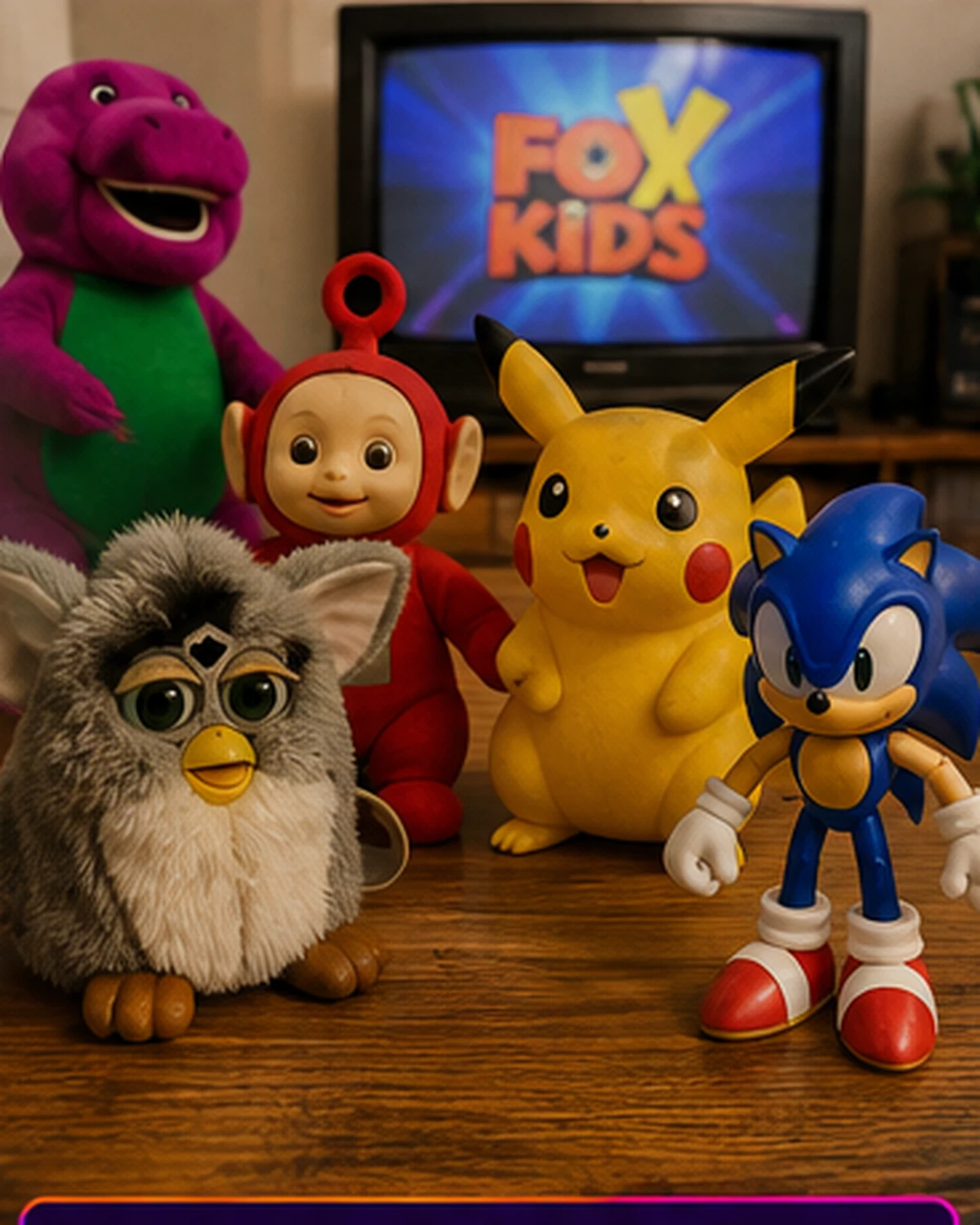 Children watching a colorful 1990s cartoon while matching toys fill the room