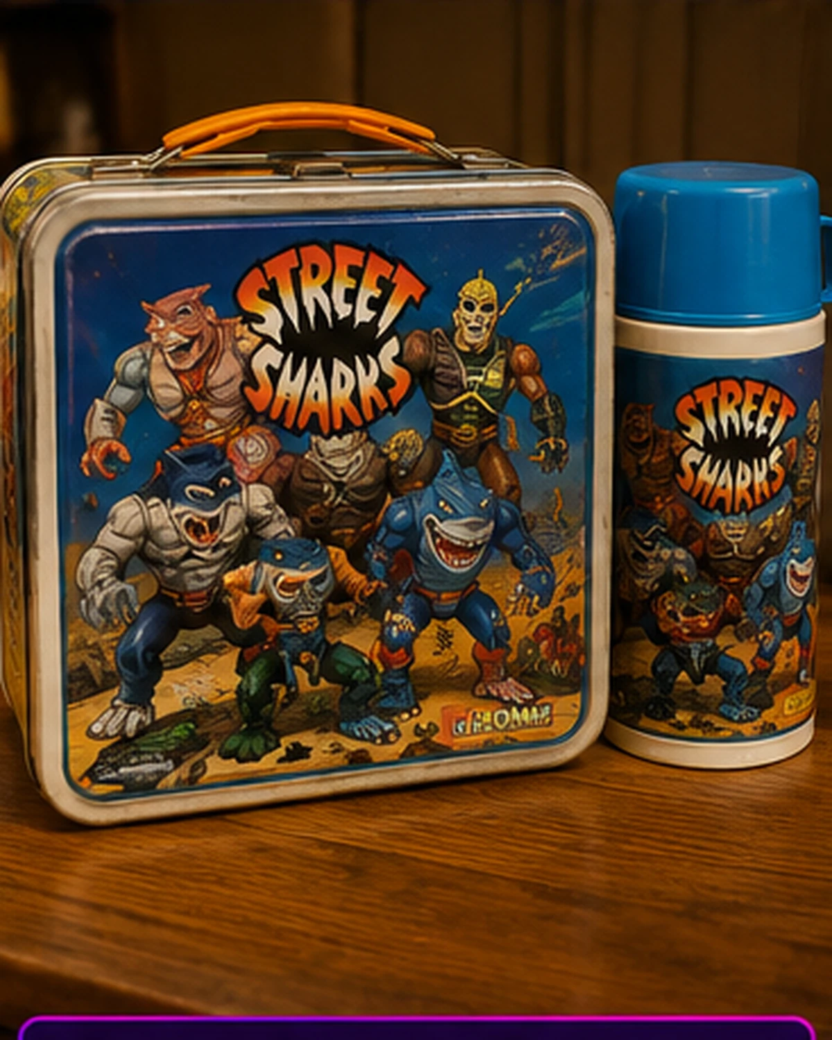 A collection of colorful 1990s character lunchboxes and matching thermoses