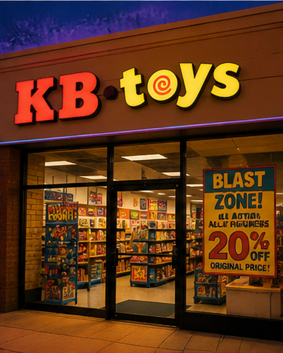 A neon-lit 1990s mall toy store crowded with figures, playsets and sale signs