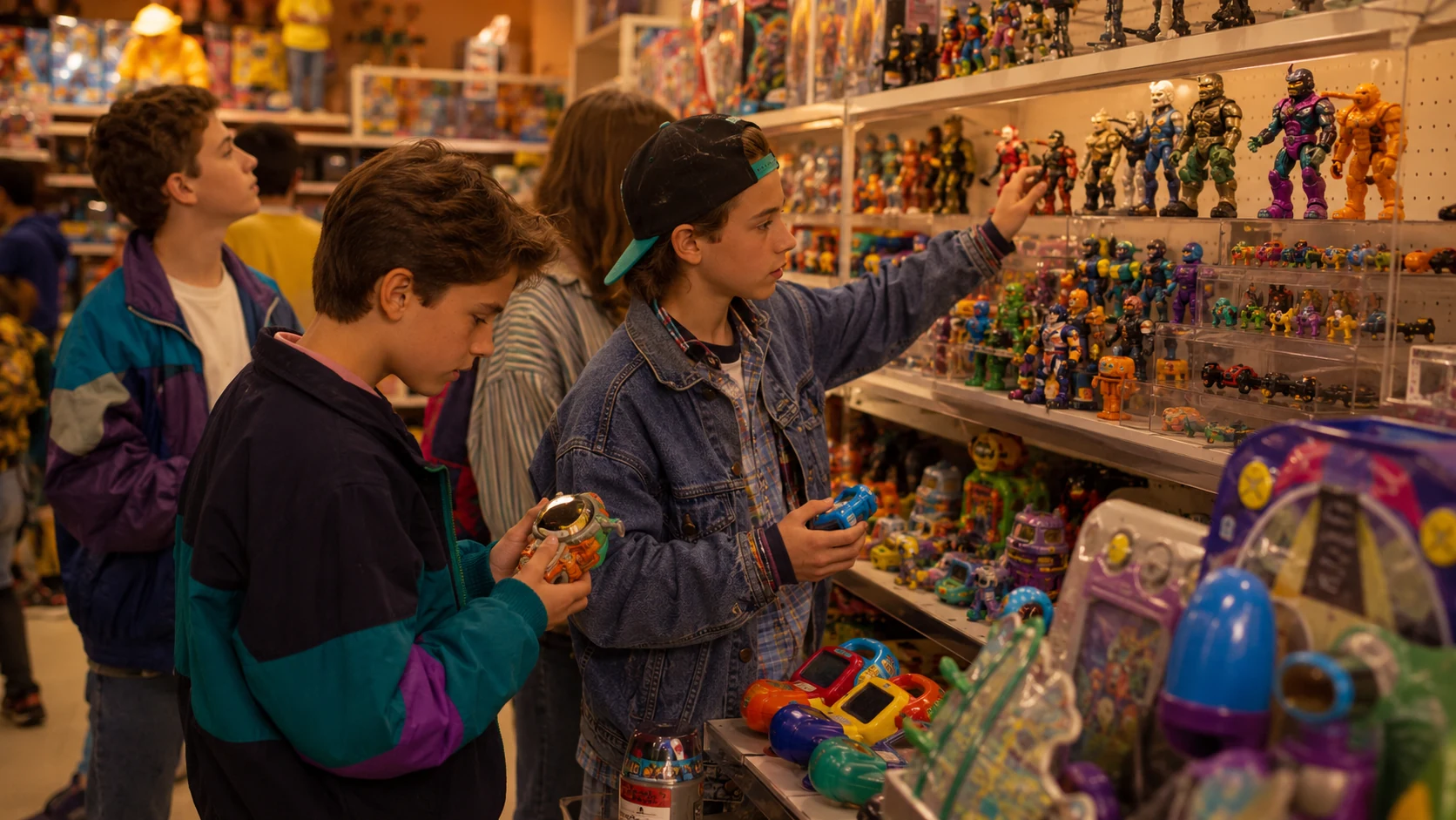 A crowded 1990s toy-store aisle filled with forgotten action figures and electronic toys