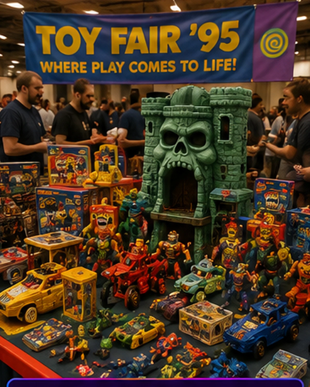 A modern convention display packed with carefully arranged forgotten 1990s toys