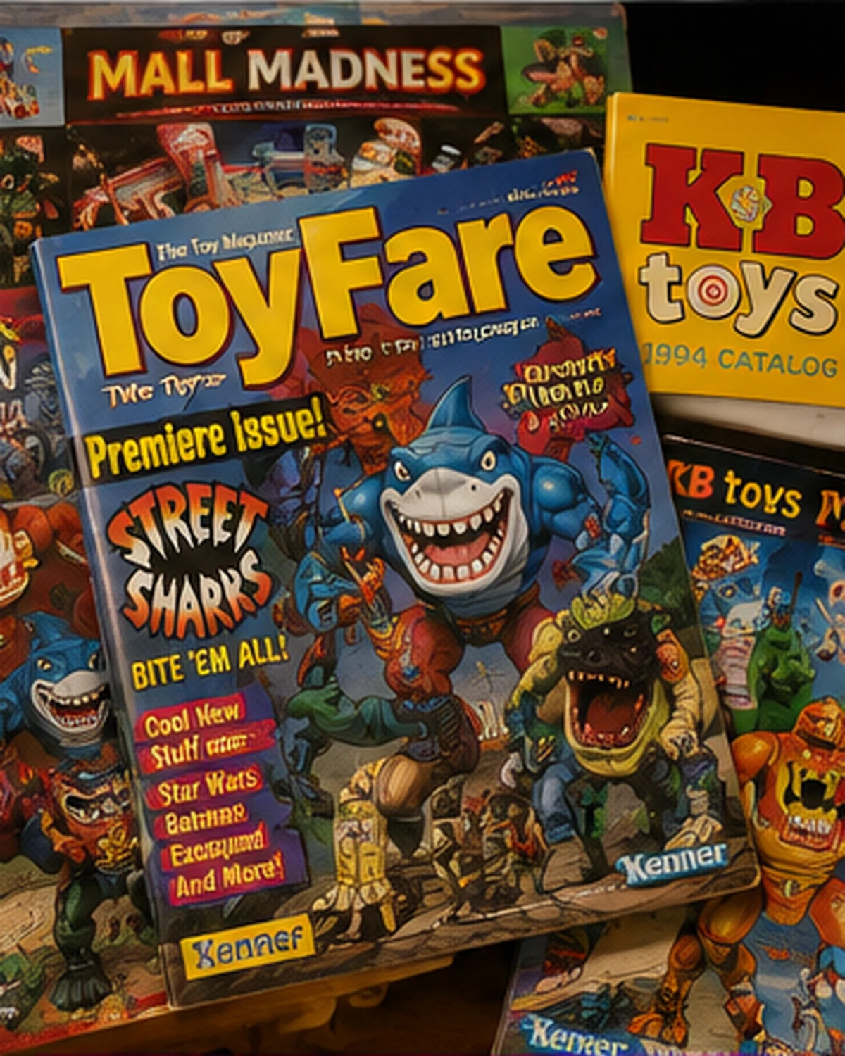 Open 1990s toy catalogs and magazines filled with colorful product photography