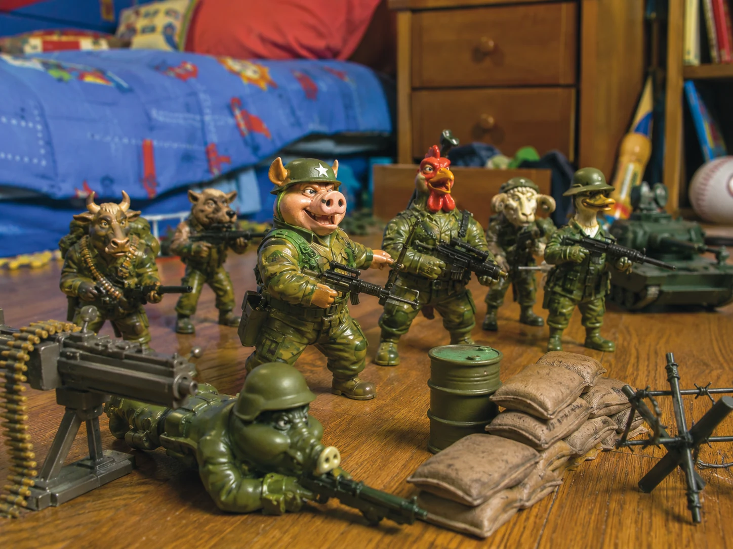 Military farm-animal toy figures arranged in a humorous battlefield diorama