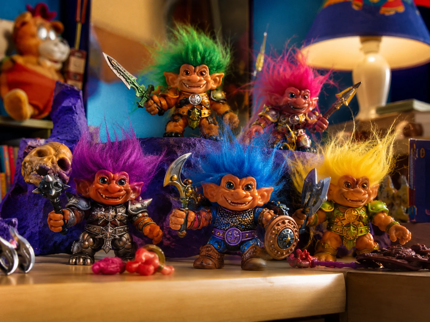 Neon-haired armored troll figures fighting in a playful fantasy toy scene