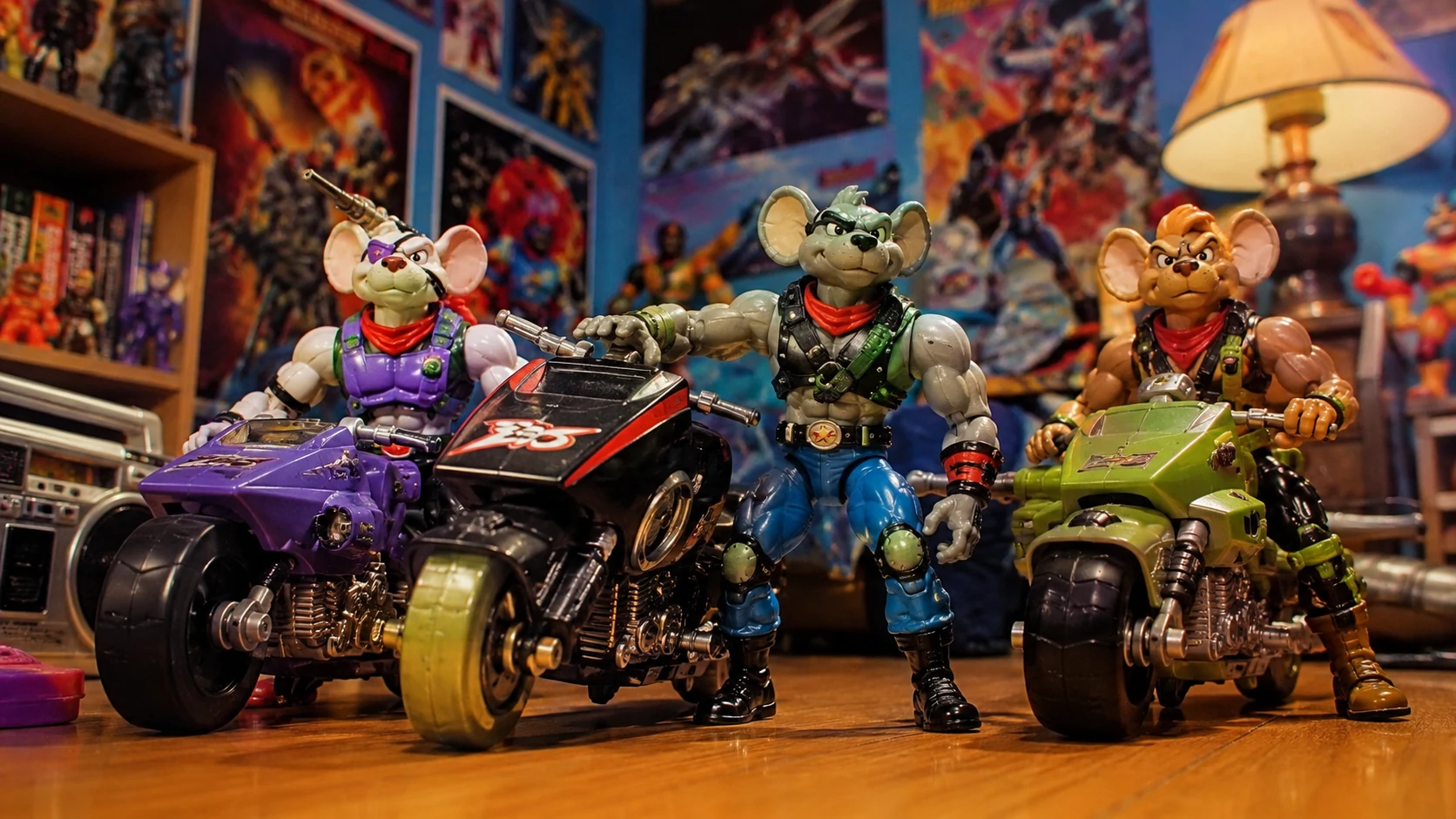 Mutant biker-mouse action figures with motorcycles in a neon 1990s toy scene