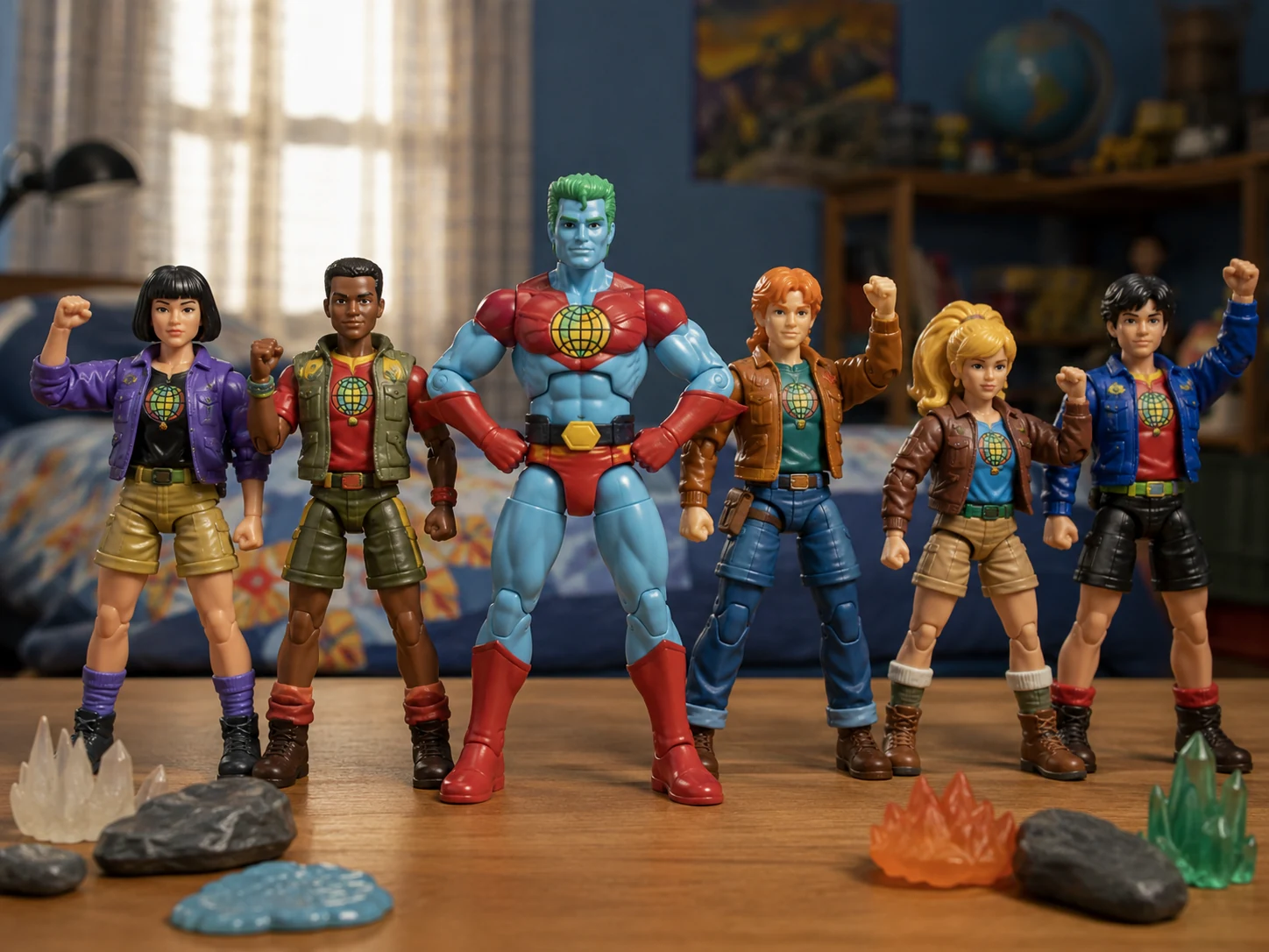 Color-coded environmental superhero figures arranged around an Earth-themed display