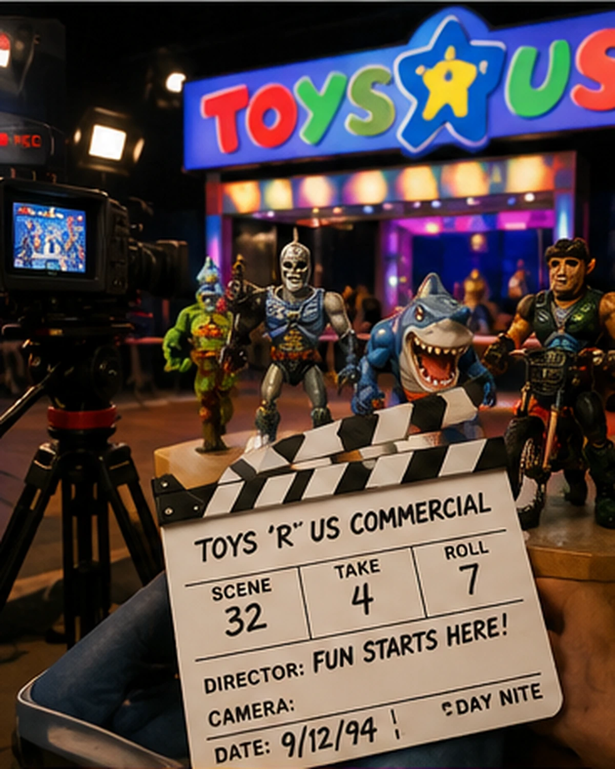 A brightly lit 1990s television commercial set filming action figures