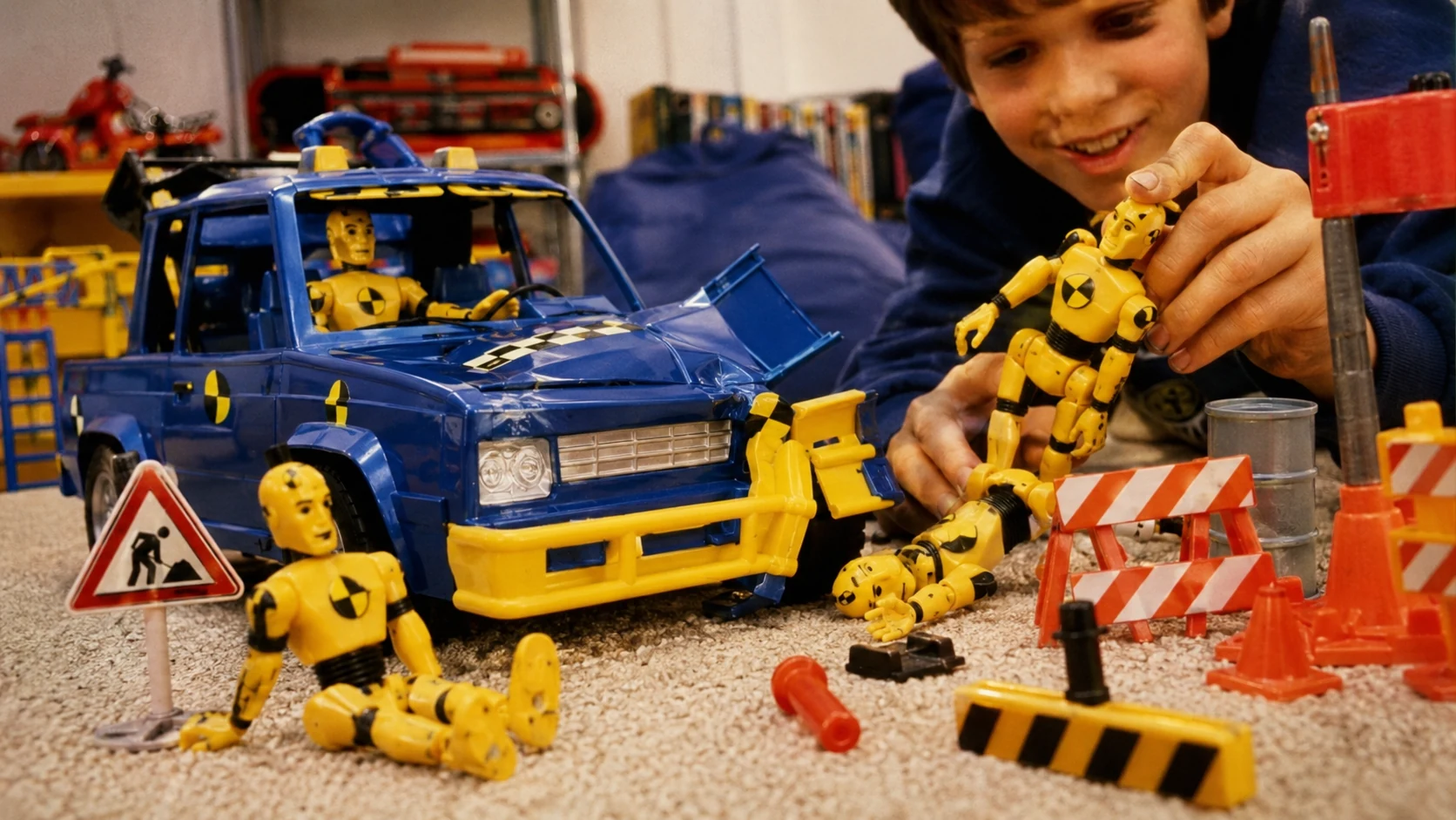 Crash-test action figures and vehicles staged in a playful 1990s collision scene