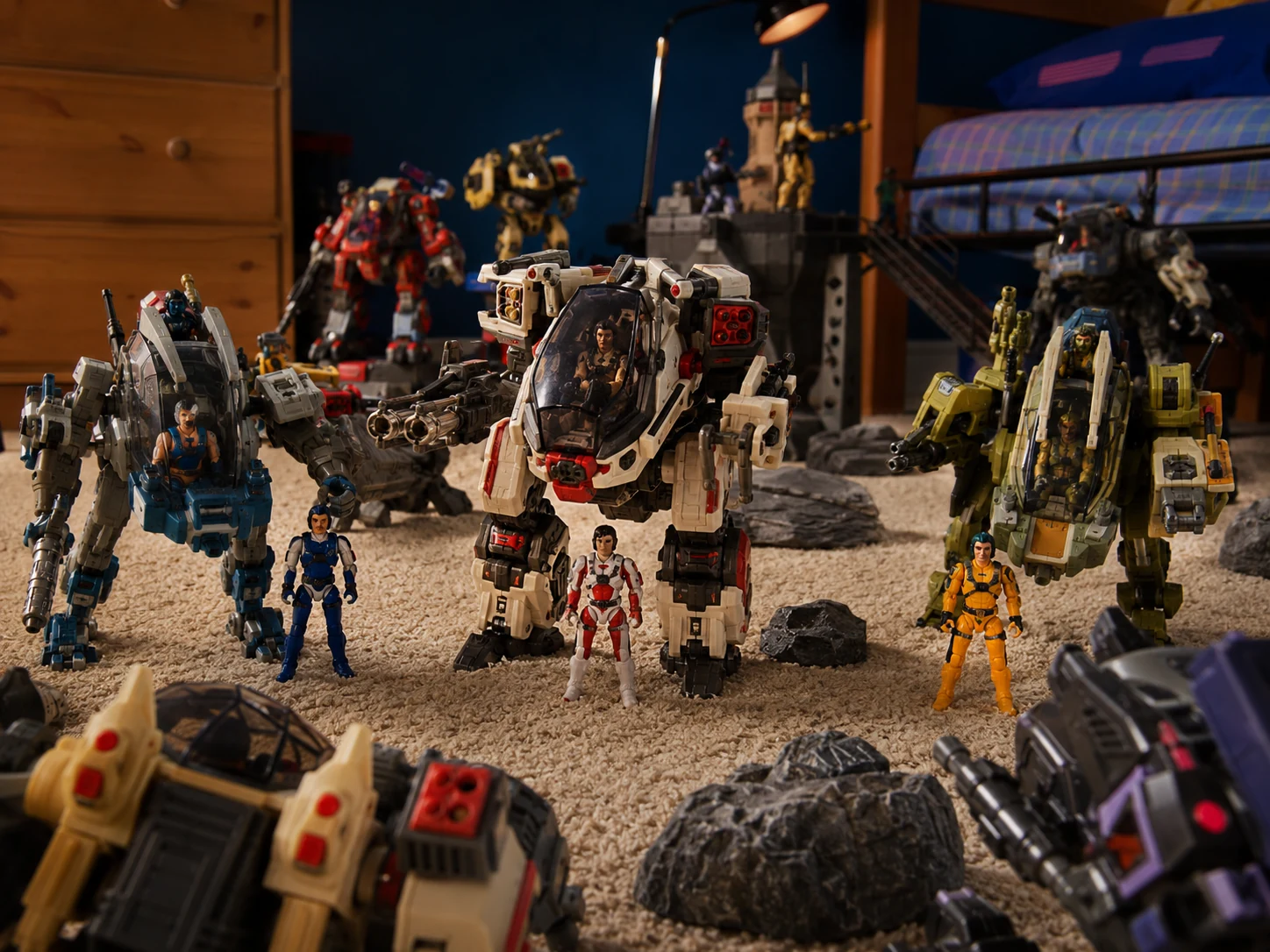 Pilot figures inside elaborate mechanical exosuits on a science-fiction toy battlefield