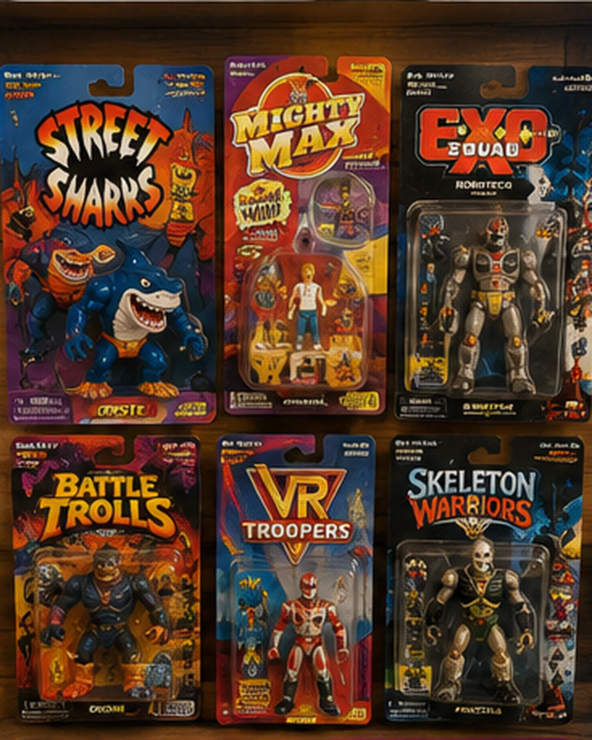 Vintage-style 1990s action figures displayed in original blister-card packaging