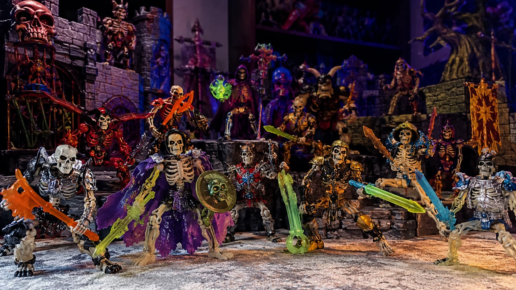 Armored skeleton fantasy figures gathered outside a dramatic toy castle