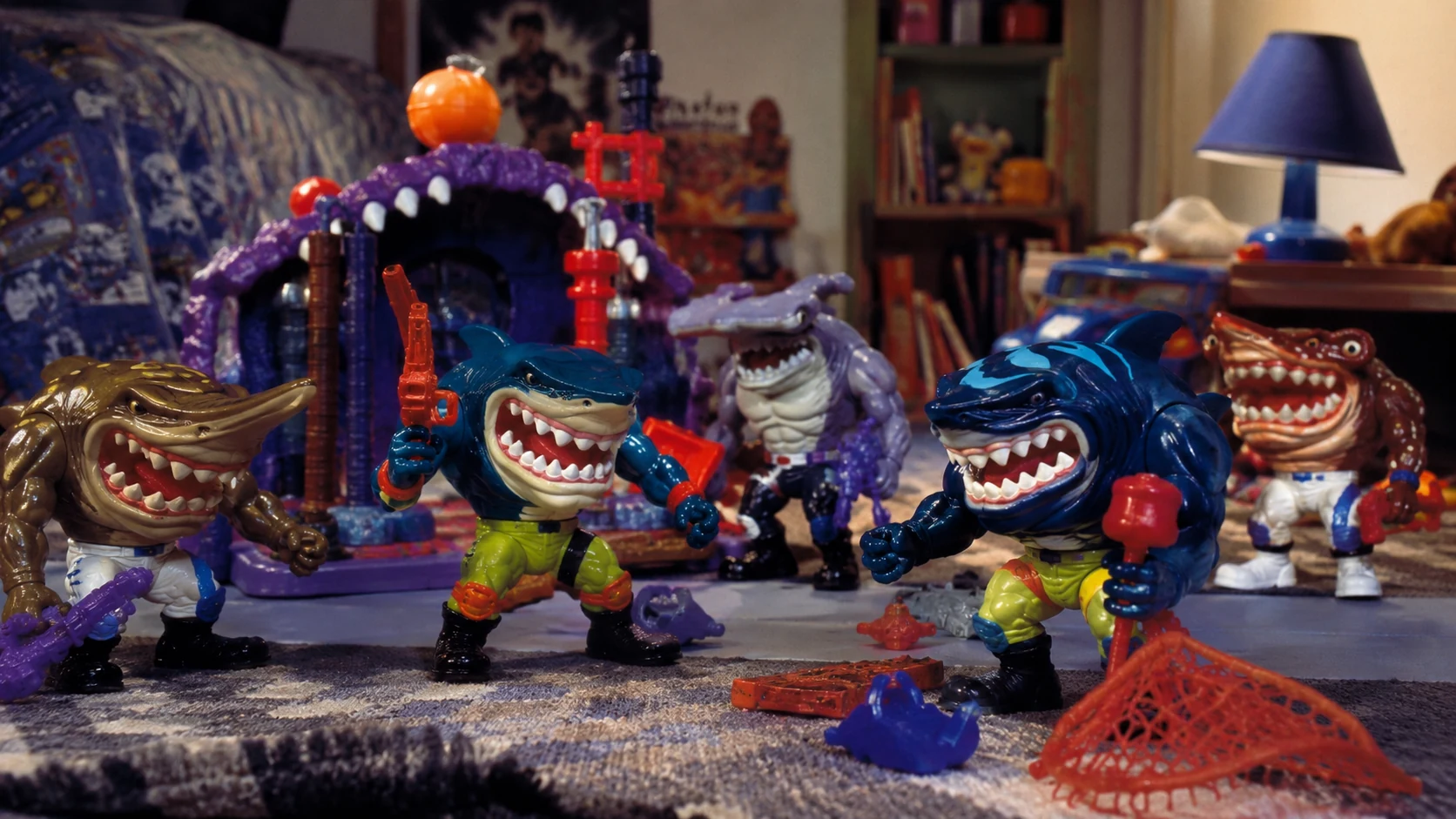 Street Sharks-style mutant shark action figures staged in a 1990s toy battle scene