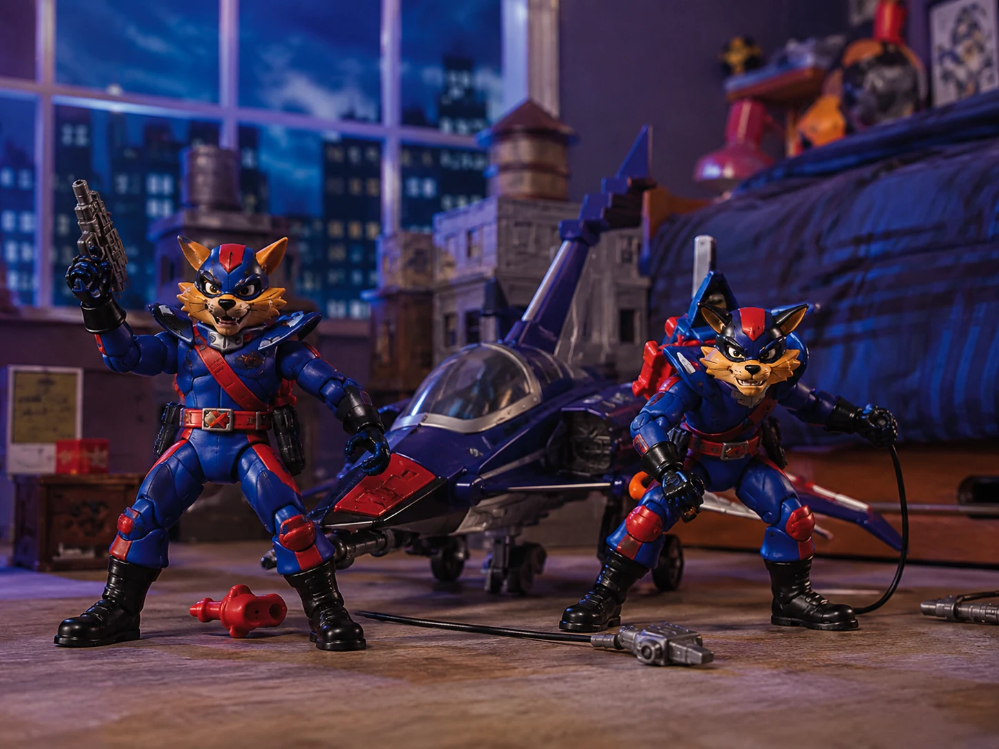 Feline pilot heroes and futuristic vehicles staged for a nighttime toy mission