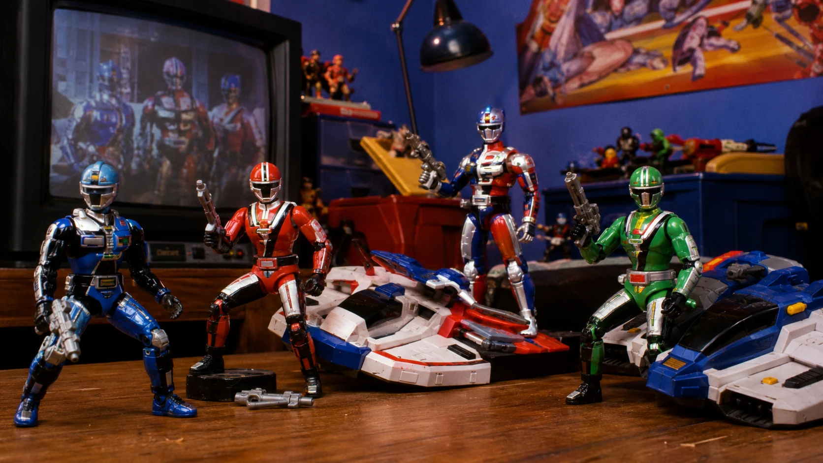 Colorful armored television-hero action figures ready for a 1990s toy battle