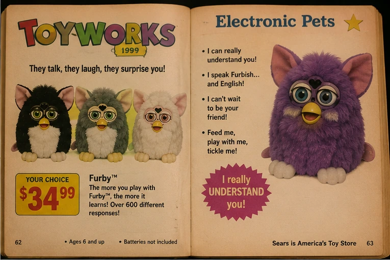 Late-1990s toy catalog spread advertising electronic pet toys and several Furby color variations