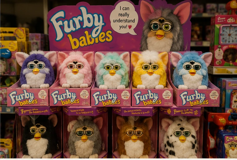 Colorful Furby Babies and full-size Furby toys displayed on a 1999 toy-store shelf
