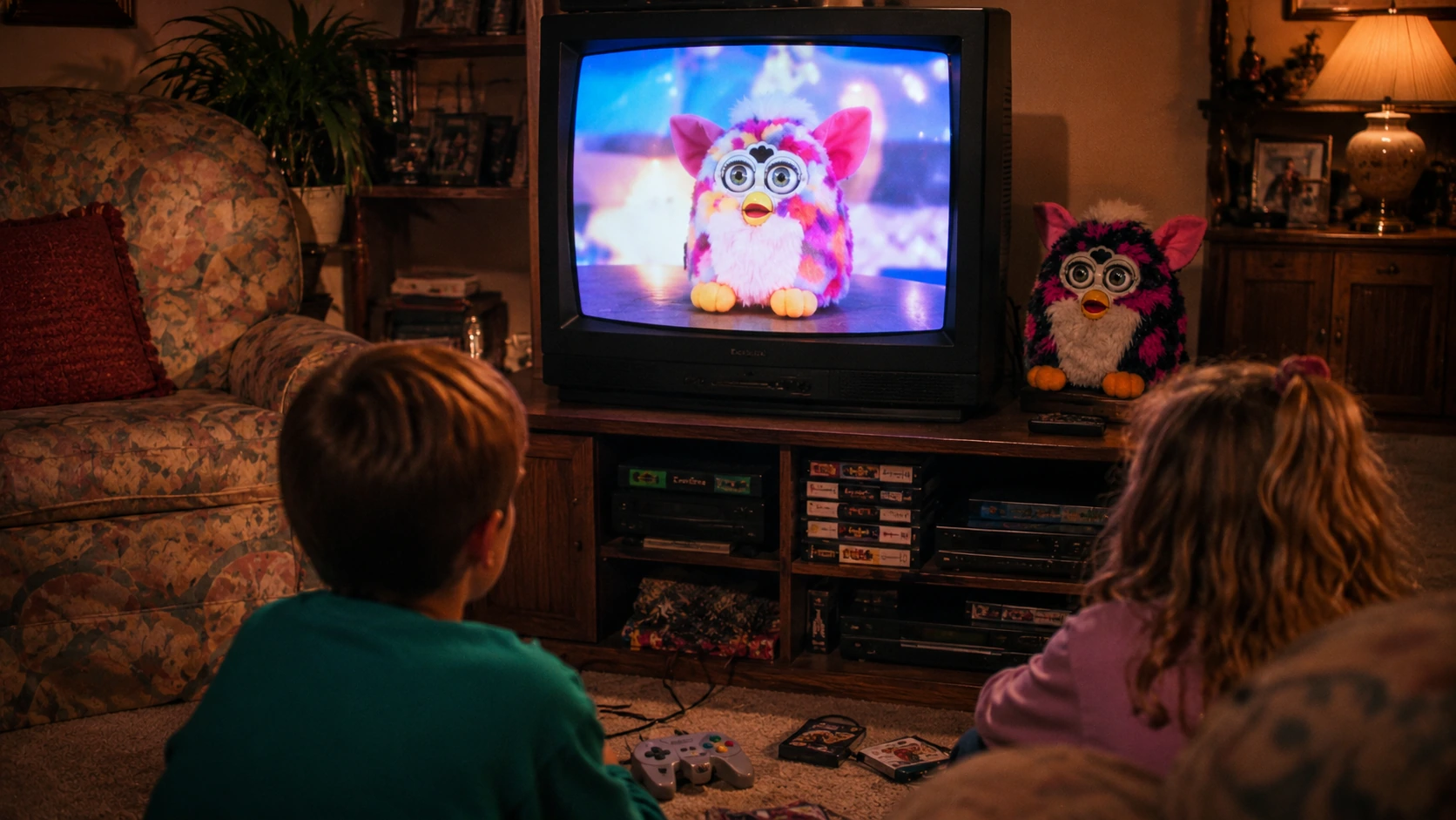 Children watching a Furby commercial on a bulky CRT television in a late-1990s family room