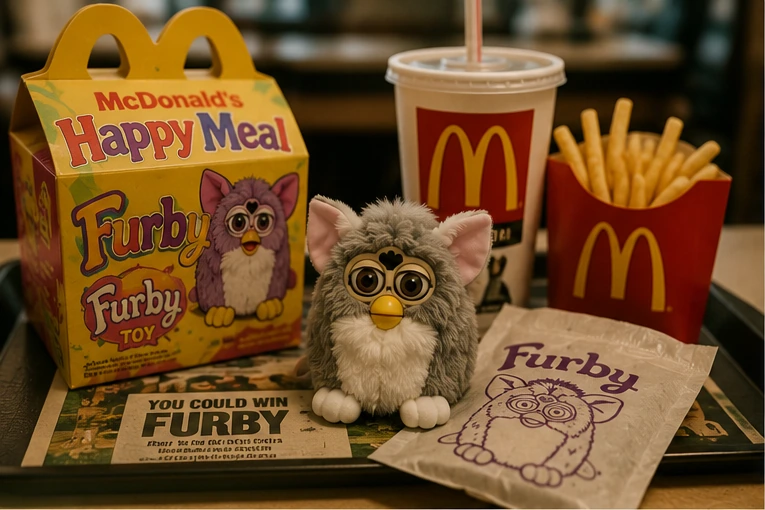 1999 fast-food kids meal tray with a miniature Furby promotional toy, fries and drink