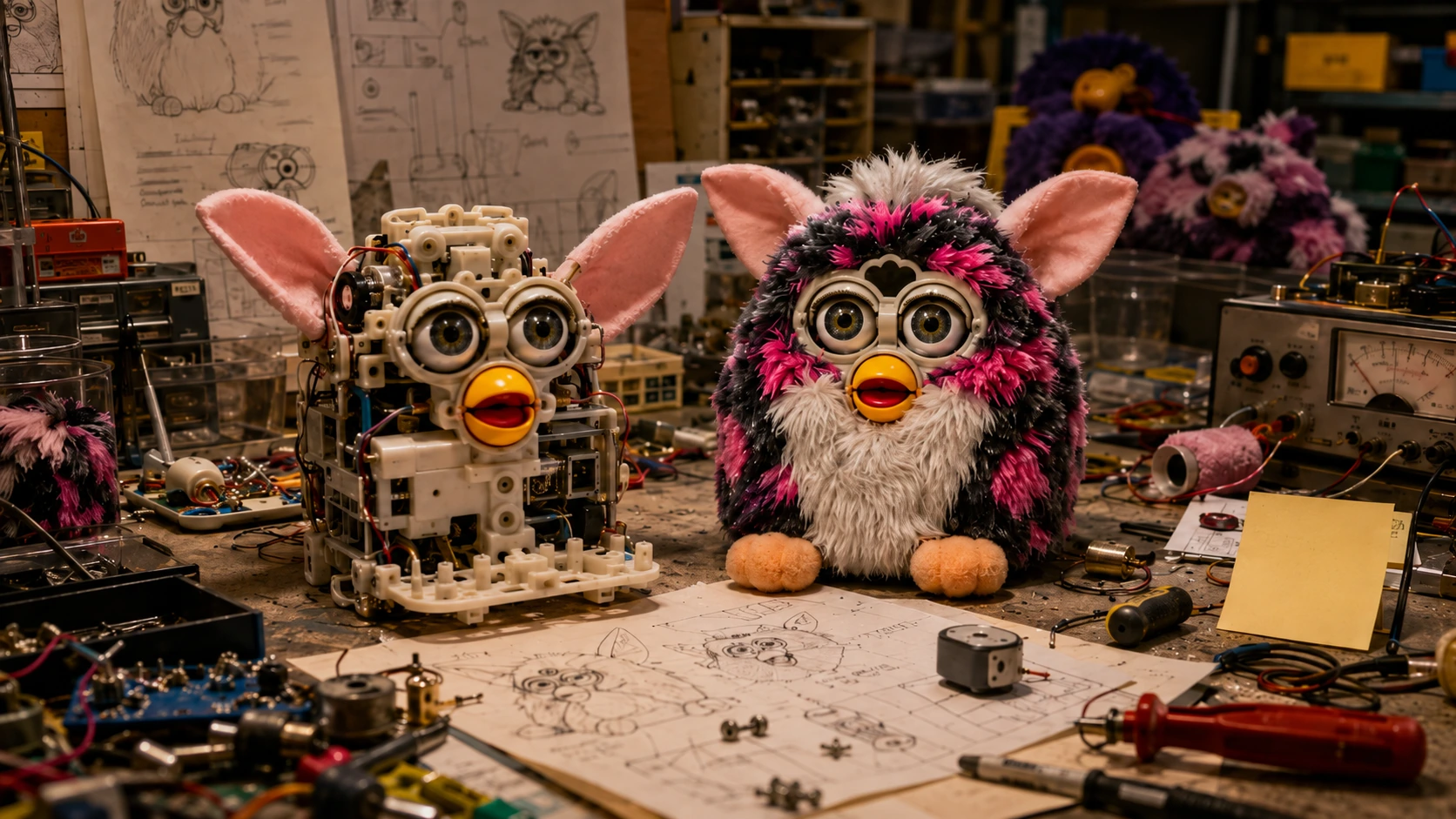 Furby prototype and exposed mechanical frame on a late-1990s toy inventor workbench