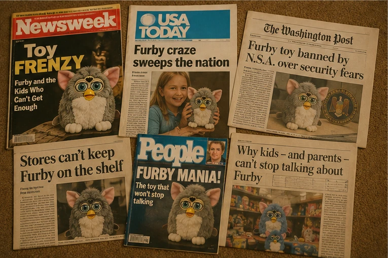 Late-1990s newspaper and magazine covers reporting on Furby shortages, toy frenzy and the NSA controversy