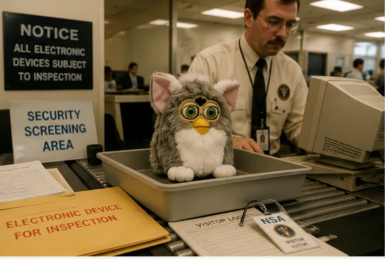 Furby inside a security-inspection tray at a late-1990s government office checkpoint