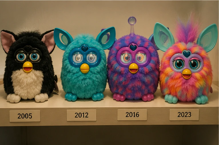 Four generations of Furby-style electronic toys showing the 2005, 2012, 2016 and 2023 redesigns