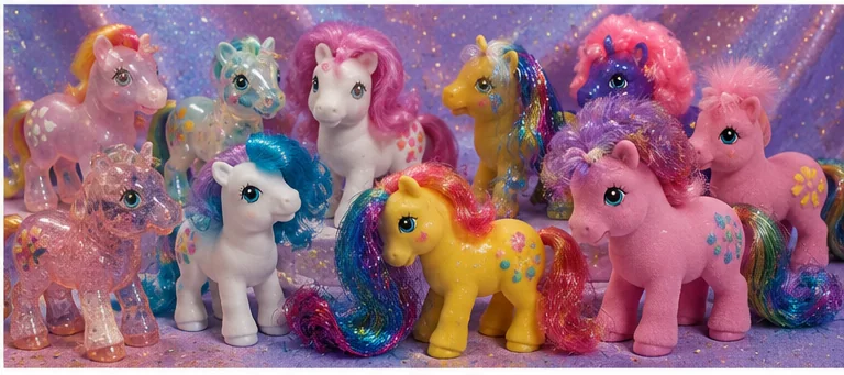 Colorful group of jewel-eyed ponies, translucent glitter ponies, long-haired ponies, fluffy-haired ponies, and figures covered in decorative symbols.