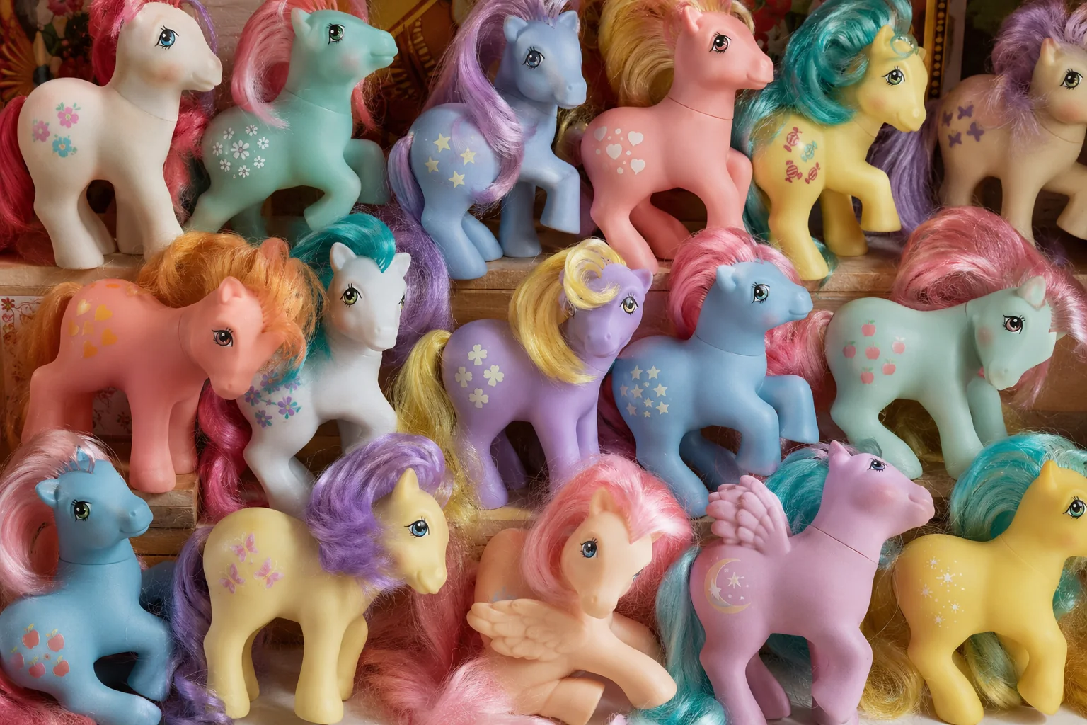 Close-up collector display of pastel ponies with varied body colors, manes, tails, eyes, poses, and flower, star, heart, apple, candy, and butterfly symbols.