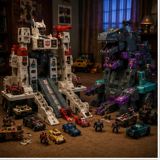 Massive transforming robot-city playsets facing each other across a child’s bedroom floor with ramps, towers, small vehicles, and a mechanical dinosaur fortress.