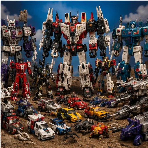 Several large combined transforming robots built from jets, cars, military vehicles, and other machines facing each other across a crowded battlefield.