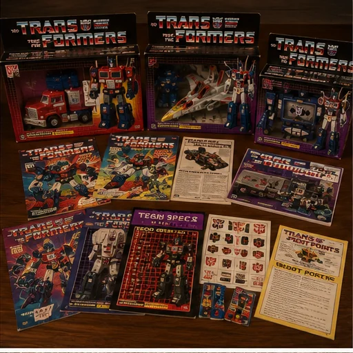 Original-style boxed transforming robots, painted mechanical art, red tech-spec graphs, decoder strips, instruction sheets, robot points, and mail-away forms.