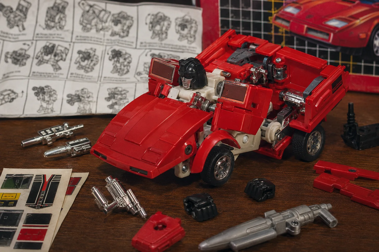 Close-up of a red 1980s transforming sports-car robot midway between vehicle and robot modes with instructions, stickers, weapons, fists, hinges, and metal parts.