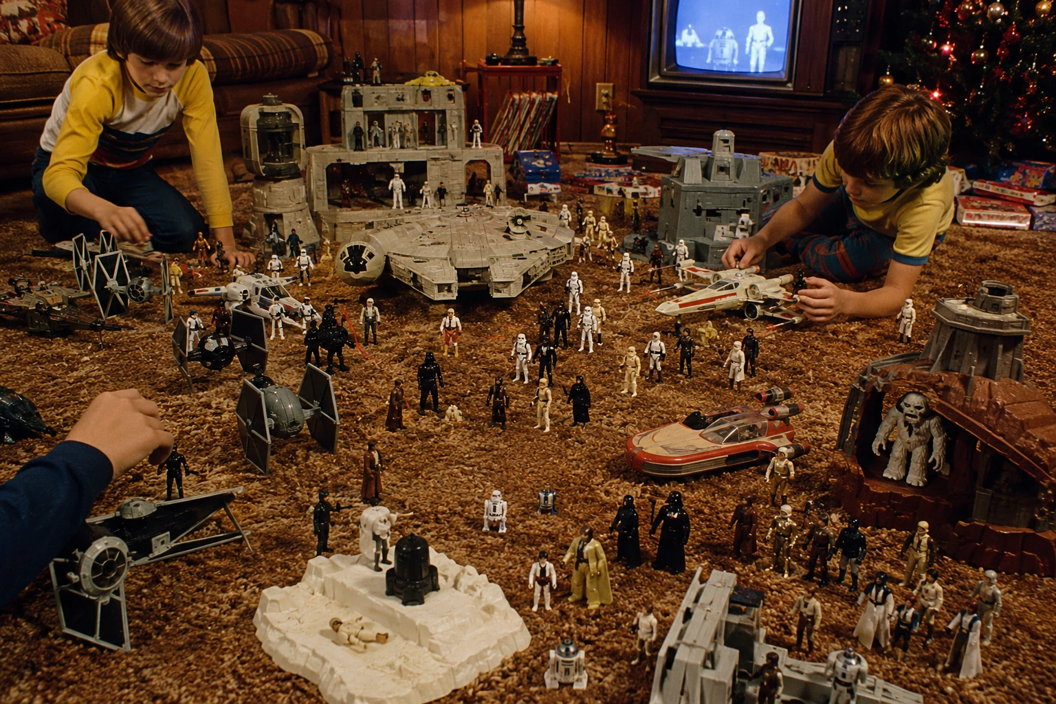 Two children directing a huge late-1970s floor battle with small figures, spacecraft, playsets and homemade terrain