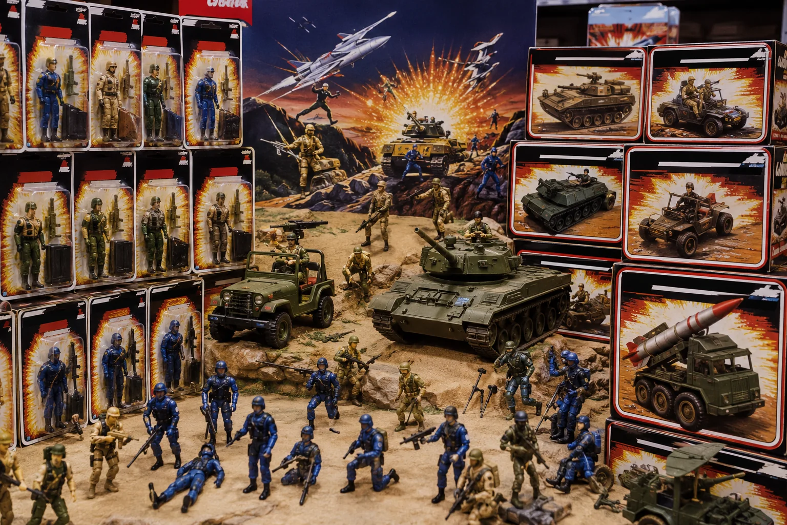 Early-1980s military action figure display with carded heroes, blue enemy troops, jeeps, tanks, missiles, and battlefield artwork.
