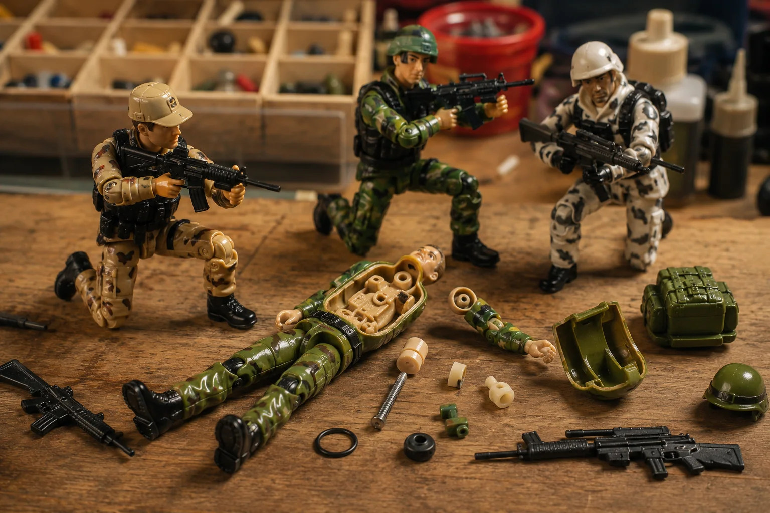 Close-up of 3.75-inch military action figures demonstrating kneeling poses, movable arms and knees, an opened torso, O-ring parts, screws, rifles, helmets, and backpacks.