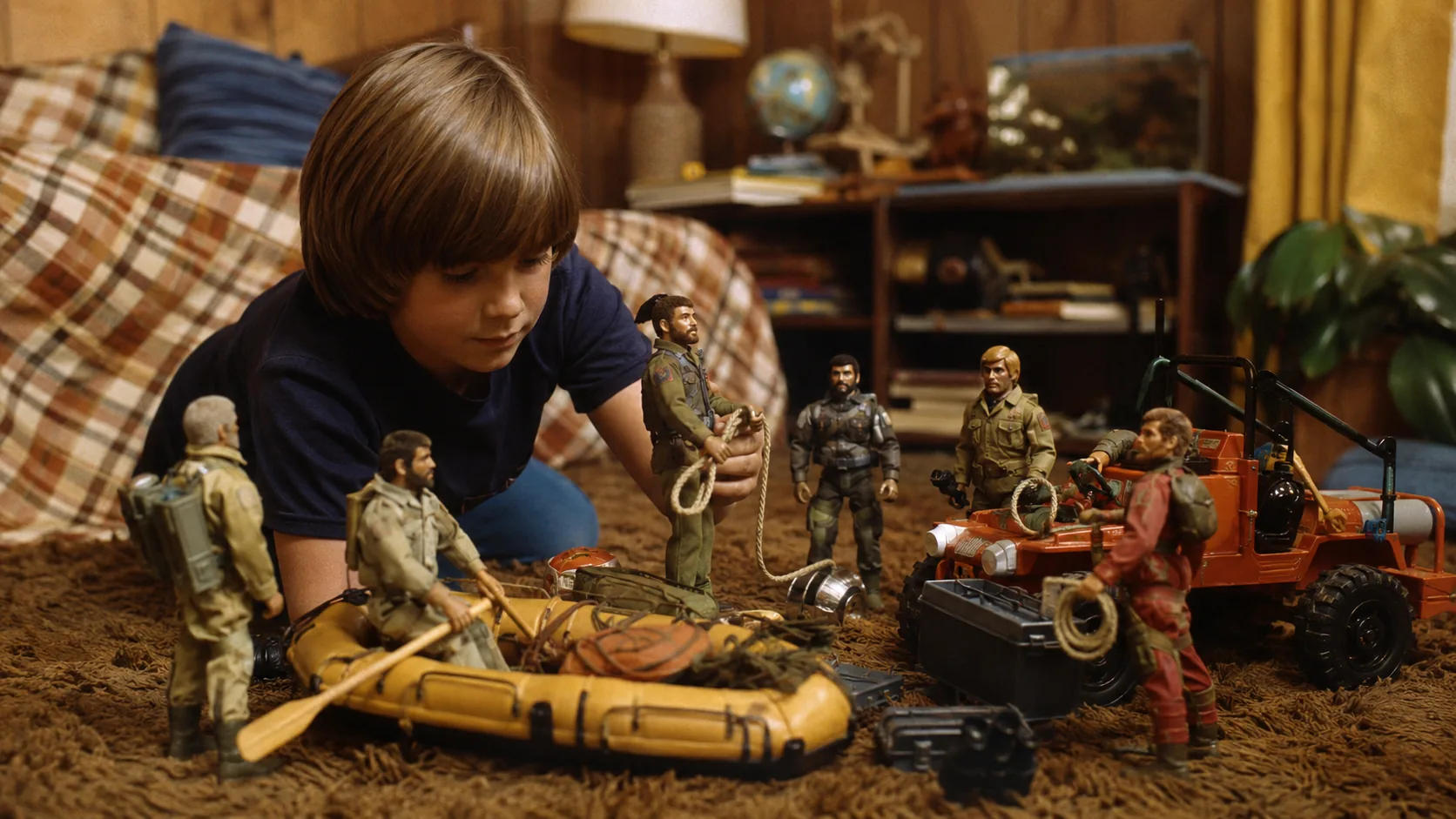 Child staging a G.I. Joe Adventure Team jungle rescue with a raft, ropes, mission gear and a rugged vehicle
