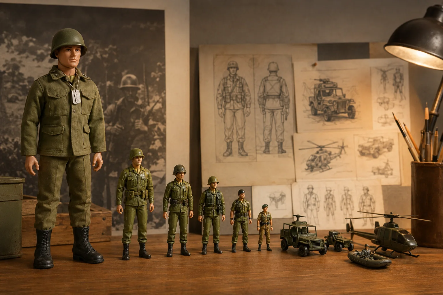 Vintage military action figures showing the transition from a large 1960s soldier to smaller early-1980s figures, vehicles, and design sketches.