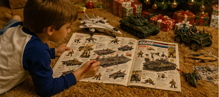 Child lying on shag carpet and circling military action figures, jets, tanks, vehicles, and giant playsets in an open 1980s Christmas catalog.
