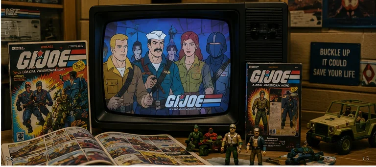 CRT television showing an animated military team beside comic books, carded action figures, vehicles, and a safety-message display.