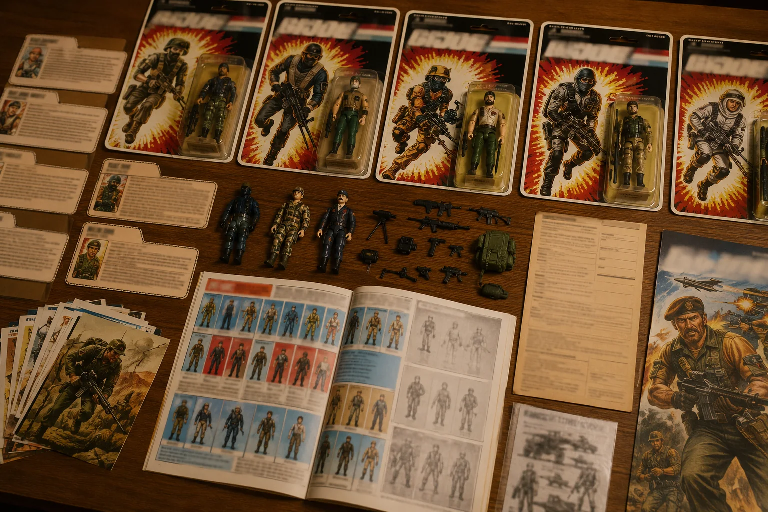 Vintage-style military action figure cardbacks, clipped character biography cards, catalogs, artwork, figures, rifles, and backpacks arranged on a wooden table.
