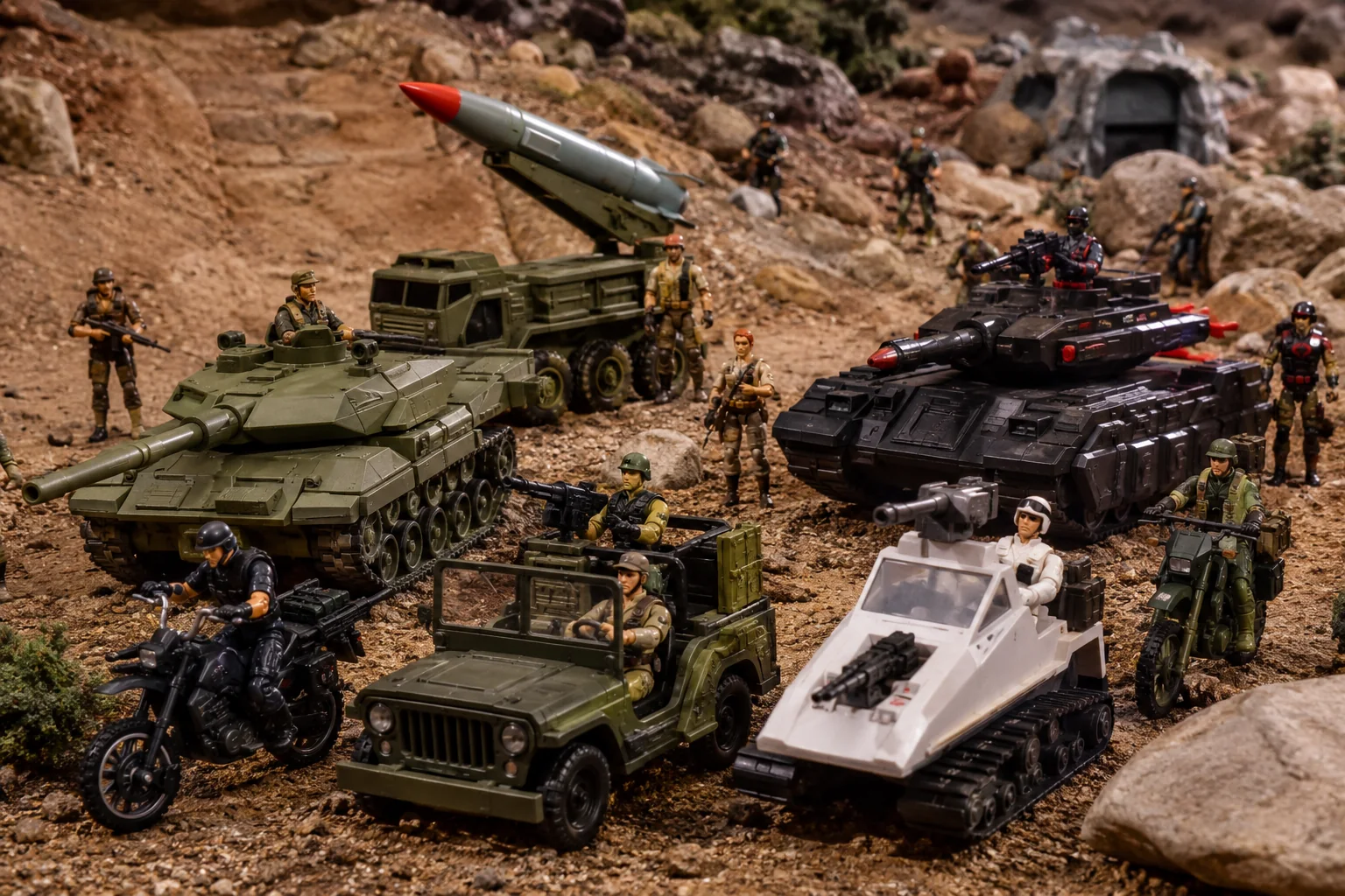 Rocky battlefield filled with green and black tanks, a military jeep, motorcycles, tracked vehicles, missile launchers, and 1980s action figures.