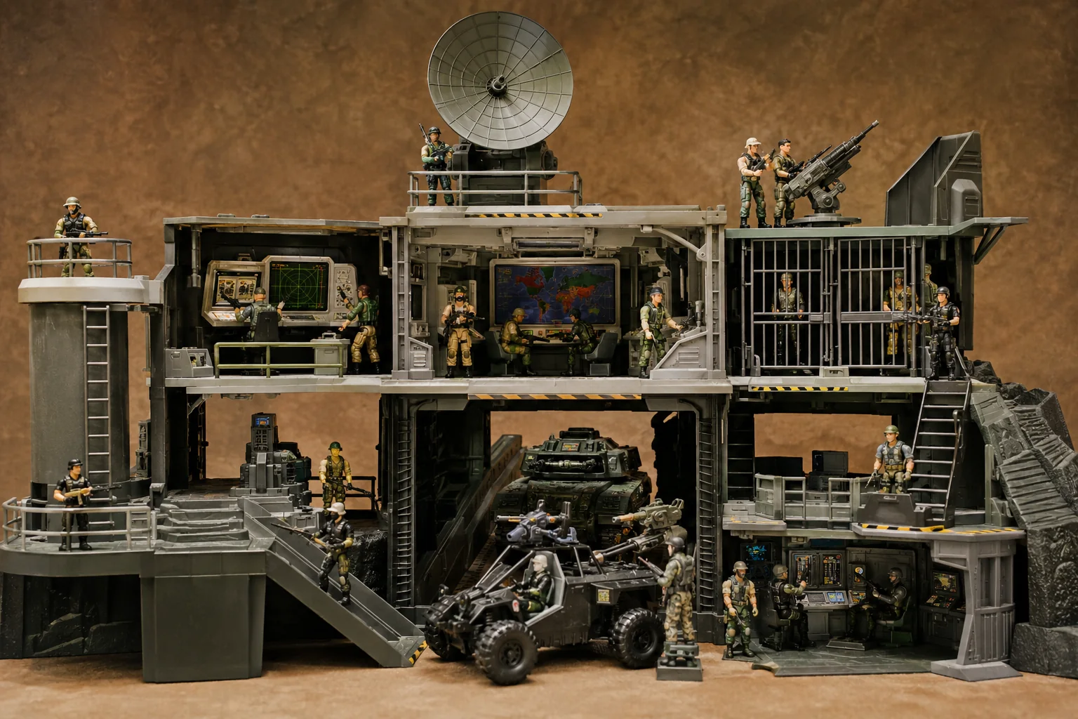 Large military command-center playset with radar, communications rooms, jail cells, gun platforms, ladders, ramps, vehicles, and many action figures.