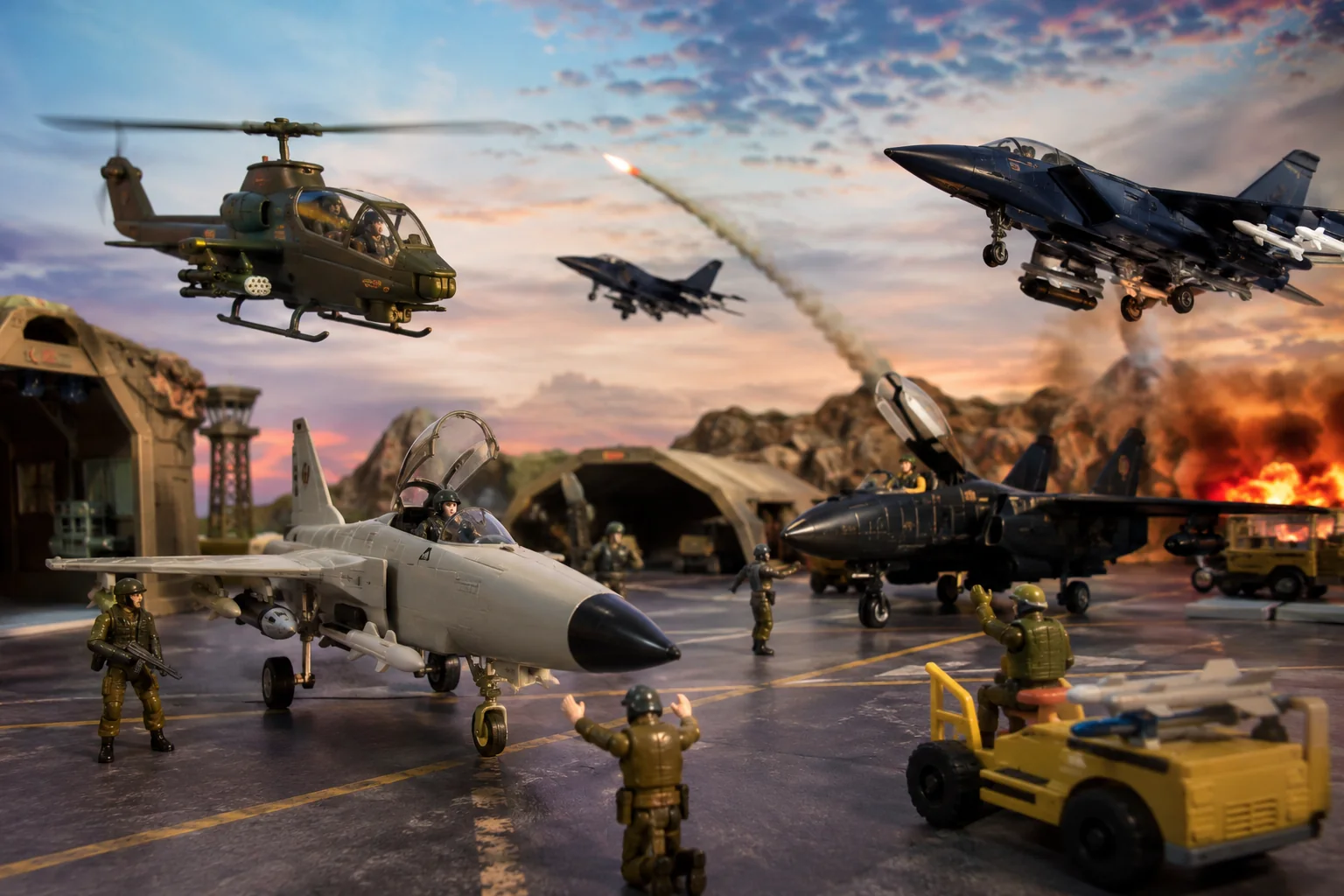 Military toy airfield with fighter jets, attack helicopters, pilots, missiles, landing gear, explosions, and ground crew during an aerial battle.