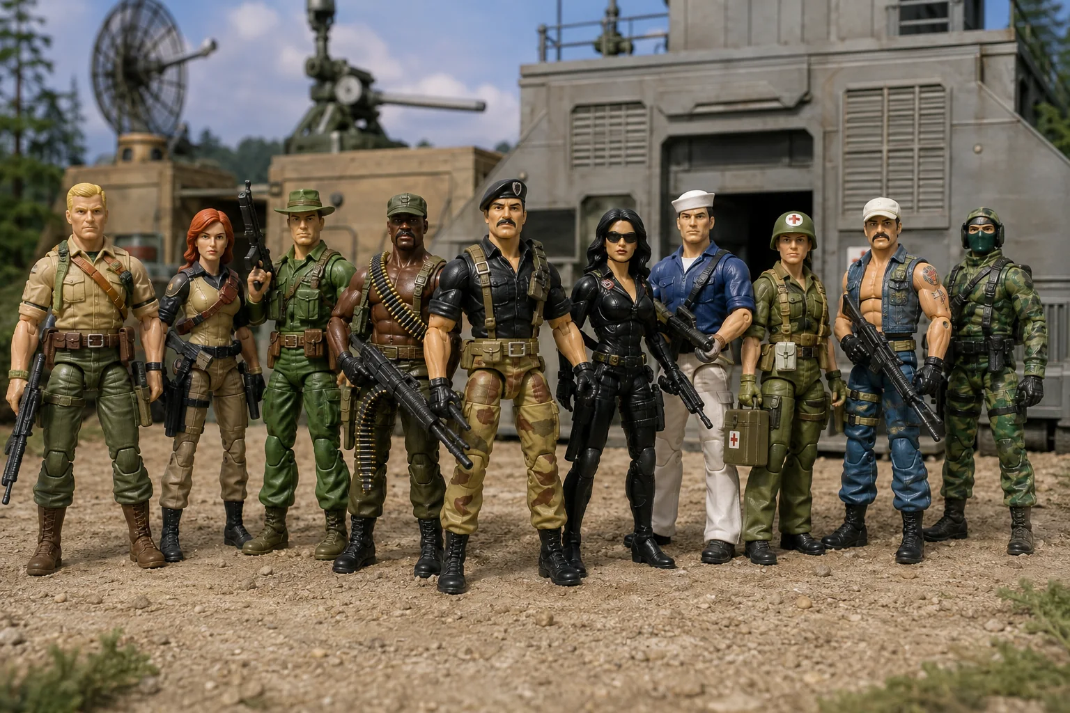 Large lineup of 1980s military hero action figures with leaders, intelligence specialists, sailors, medics, commandos, and heavy-weapons troops outside a headquarters.