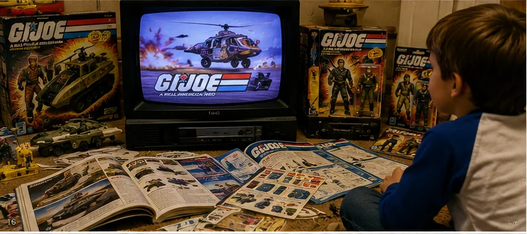 Child watching a 1980s military toy commercial on a CRT television while catalogs, vehicle boxes, carded figures, and blueprints cover the floor.