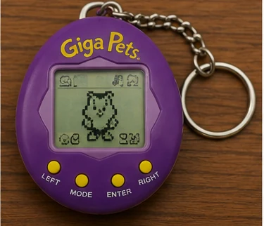 Purple Giga Pets digital pet keychain toy from the late 1990s
