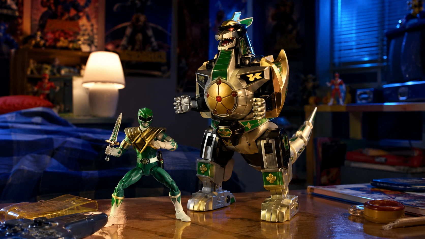 Green Ranger action figure posed beside a large green-and-gold Dragonzord toy in a 1990s bedroom