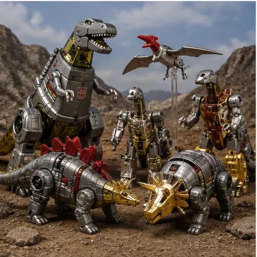 Chrome-and-metal mechanical dinosaur toys including a large Tyrannosaurus, winged dinosaur, long-necked dinosaur, and plated dinosaur in a rocky diorama.